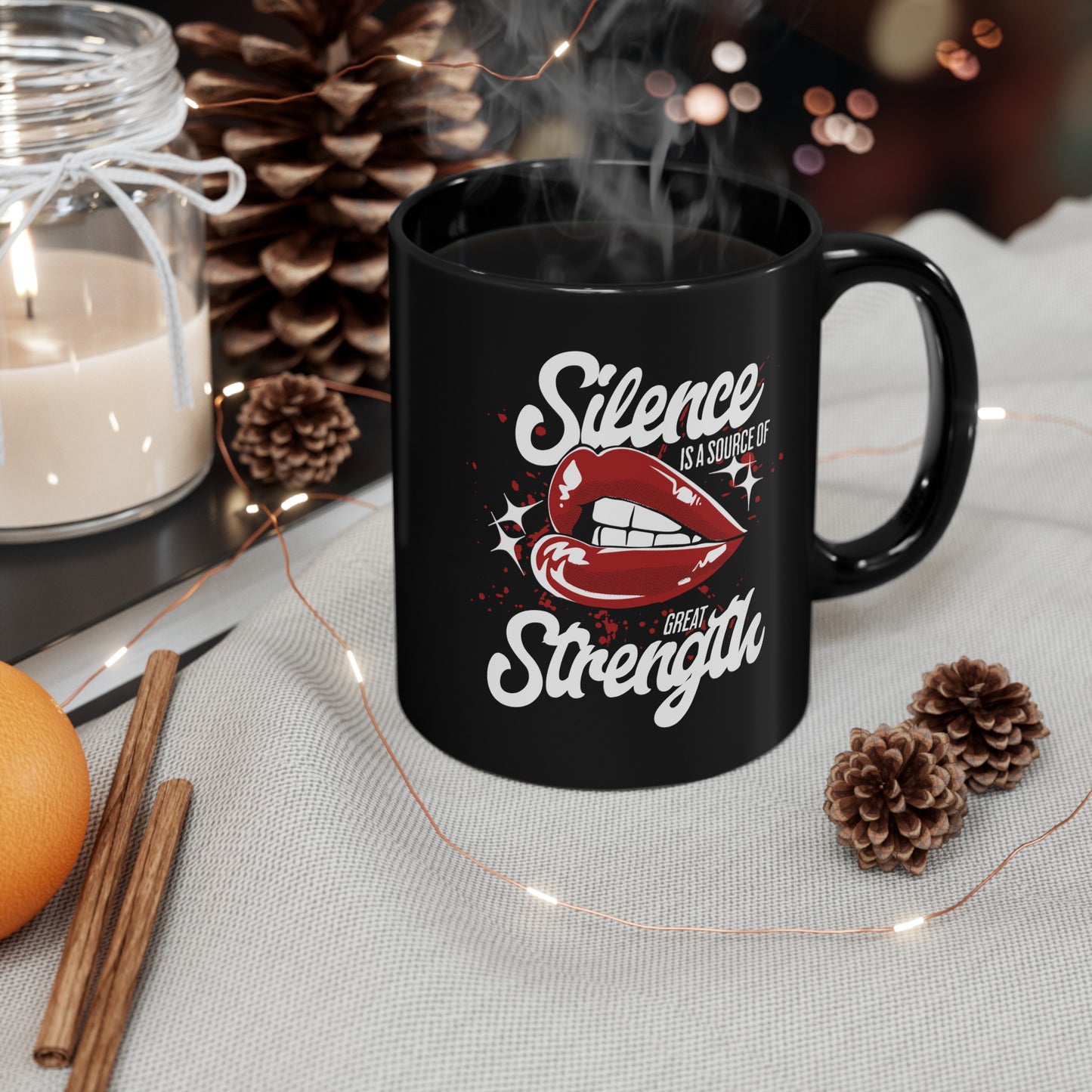 Silence is Strength, Black Mug (11oz)